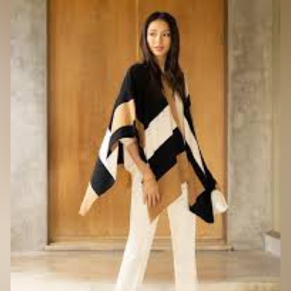 NWT ParrishLA Stevie Poncho Black Camel White - Picture 2 of 5